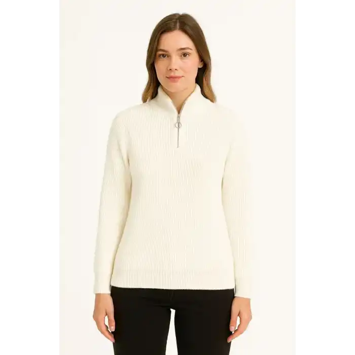 KADIN Yarım Fermuarlı Triko Kazak – Selanik Örgü, Dik Yaka, Pamuklu Dokuma, Oversize Uzun Kollu Kışlık Model - Beyaz