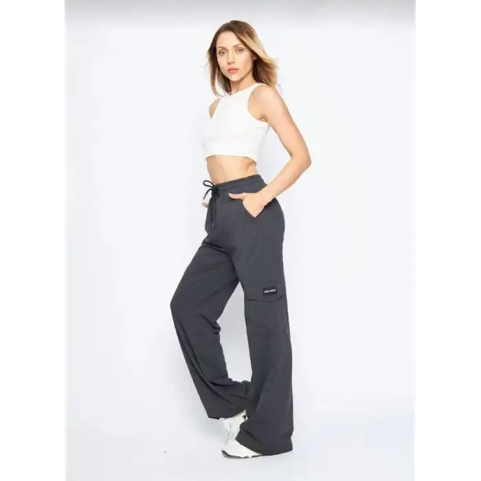 Kadın Yüksek Bel Kargo Cepli Palazzo Pantolon Oversize Bol Paça İki İplik Rahat Kesim - Antrasit