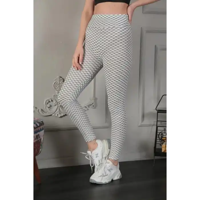 Kadın Yüksek Bel Toparlayıcı Likralı Büzgülü Tayt - Beyaz