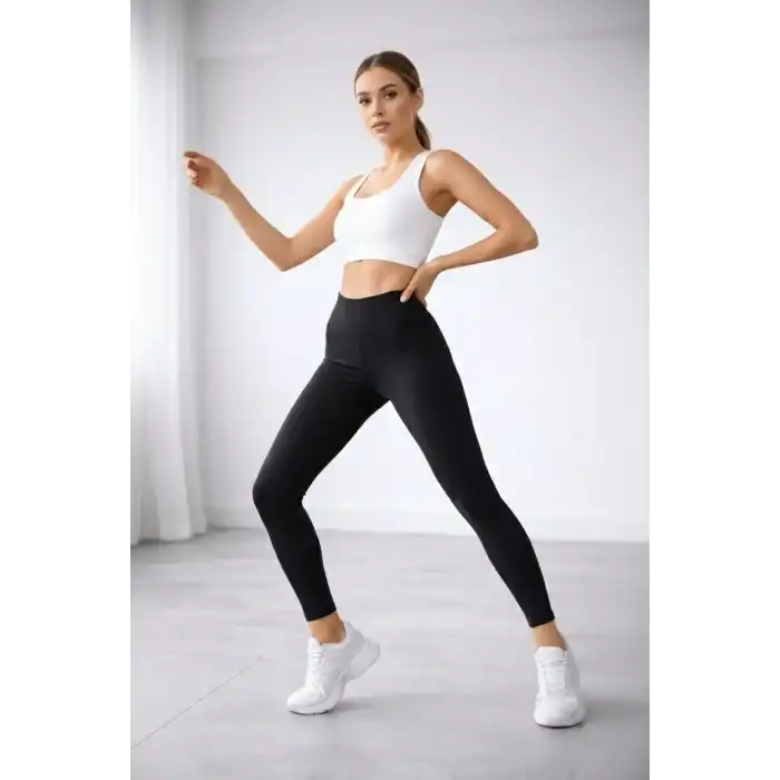 Kadın Yüksek Bel Toparlayıcı Likralı Düz Sporcu Tayt - Siyah