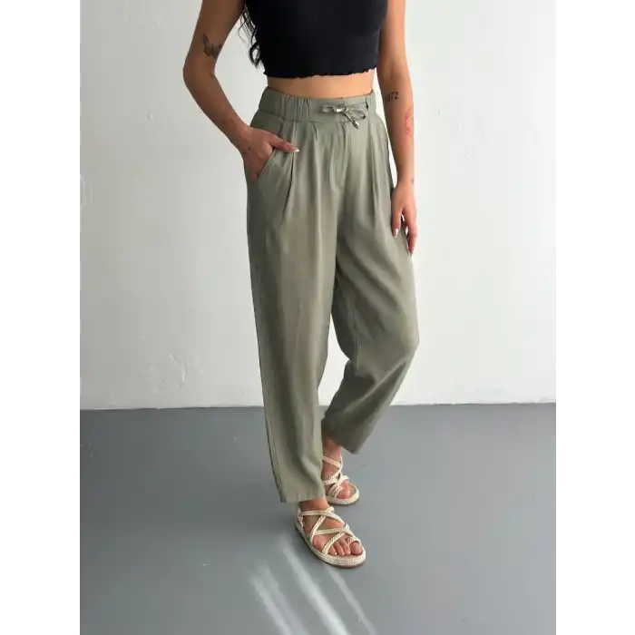 Kadın Yüksel Bel Beli Bağcıklı Cepli Rahat Paça Pantalon - Su Yeşili