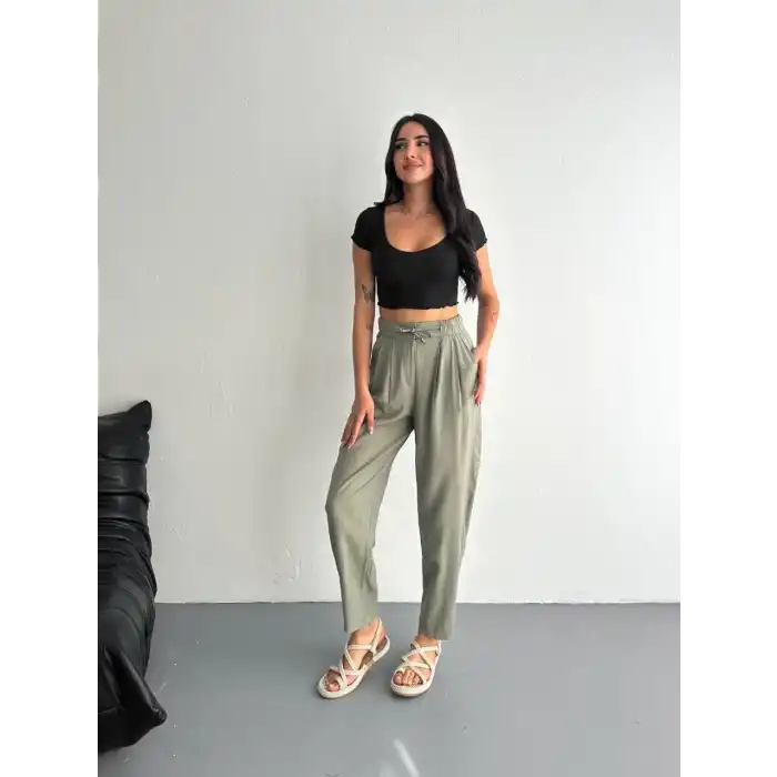 Kadın Yüksel Bel Beli Bağcıklı Cepli Rahat Paça Pantalon - Su Yeşili