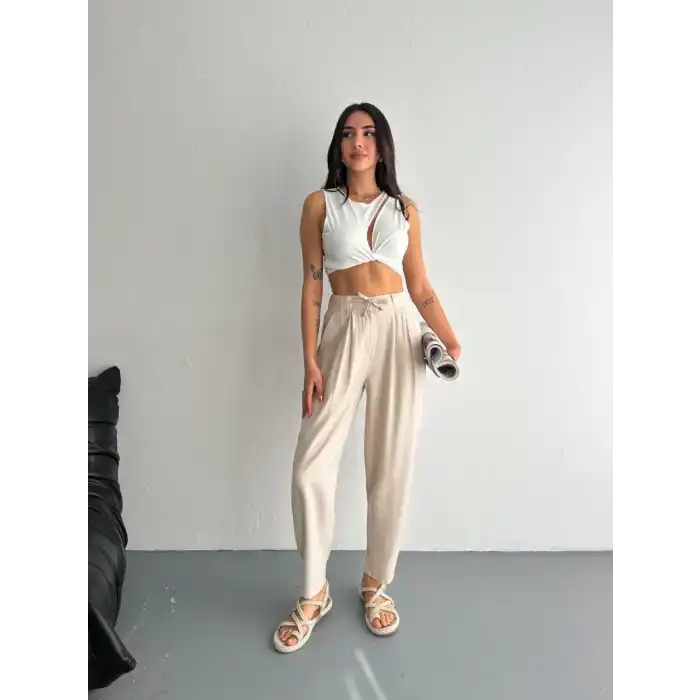 Kadın Yüksel Bel Beli Bağcıklı Rahat Boru Paça Pantalon - Kırık Beyaz