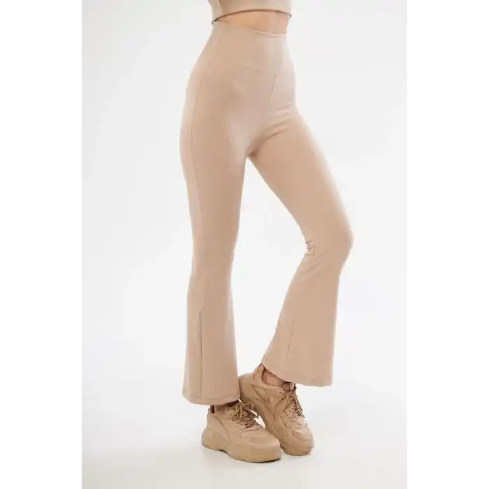 Kadın Yüksel Bel Fitilli İspanyol Paça Tayt - Bordo