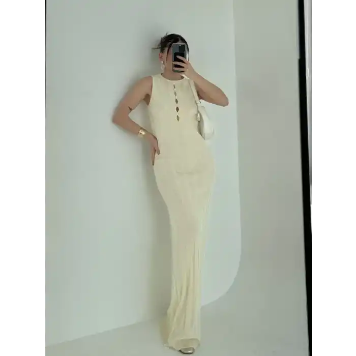 Kalın Fitilli Uzun Triko Elbise - Kırık Beyaz