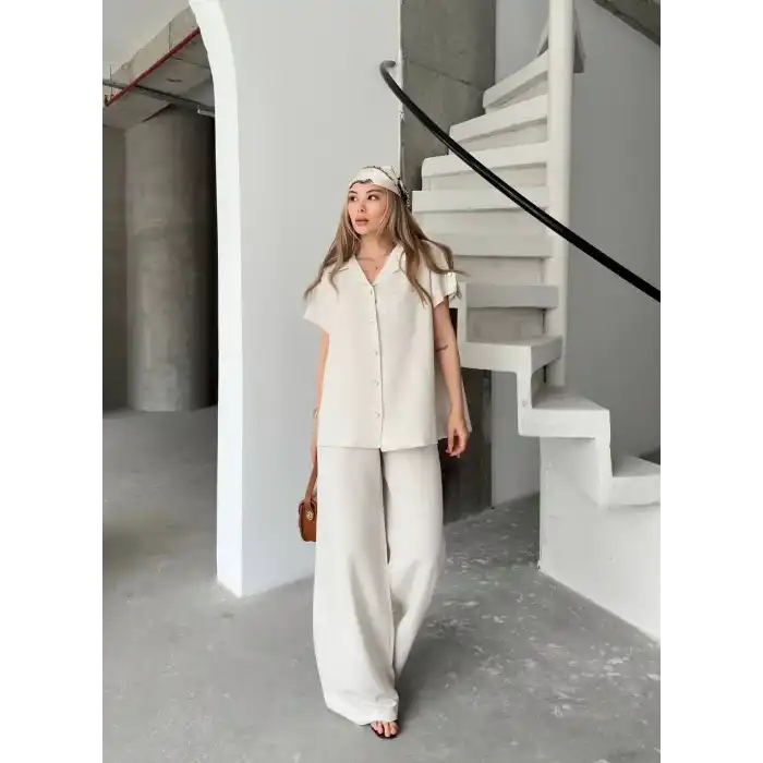Keten Kısa Kollu Cepli Gömlek Pantolon ikili Takım - Beyaz