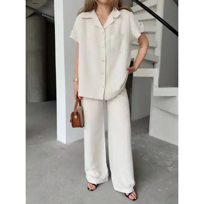 Keten Kısa Kollu Cepli Gömlek Pantolon ikili Takım - Beyaz