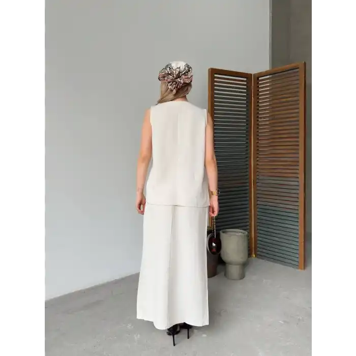 Keten Kolsuz Sıfır Yaka İlik Düğmeli Kolsuz Hırka Etek ikili Takım- Beyaz