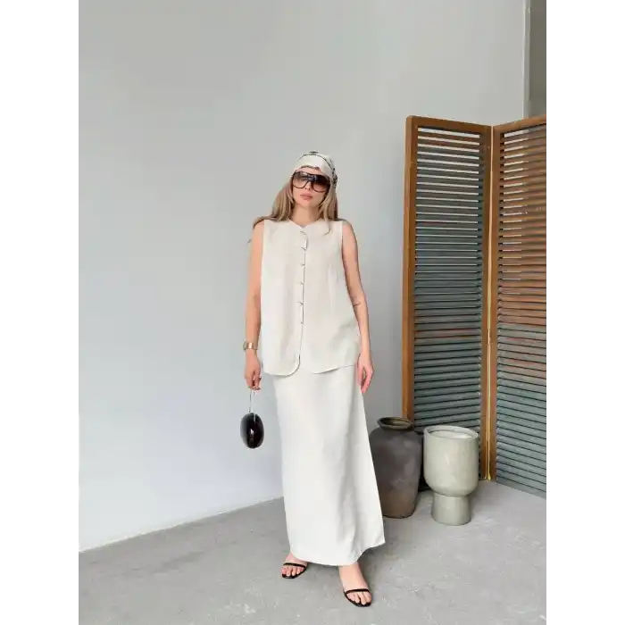Keten Kolsuz Sıfır Yaka İlik Düğmeli Kolsuz Hırka Etek ikili Takım- Beyaz