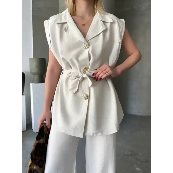 Keten Sıfır Kol Kuşaklı Ceket Pantolon ikili Takım - Beyaz