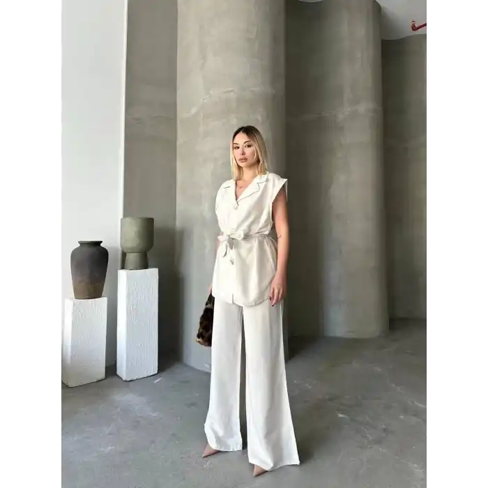 Keten Sıfır Kol Kuşaklı Ceket Pantolon ikili Takım - Beyaz