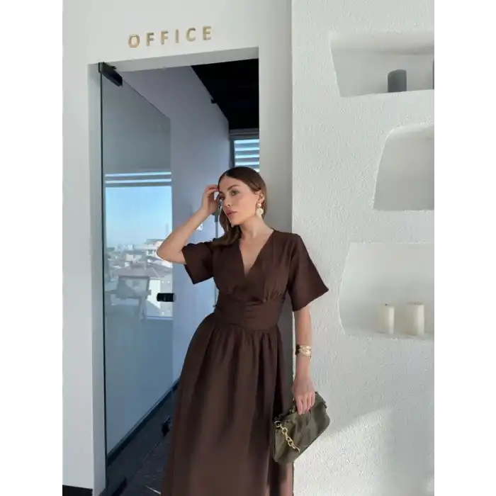 Kısa Kollu Uzun Elbise - Kahve