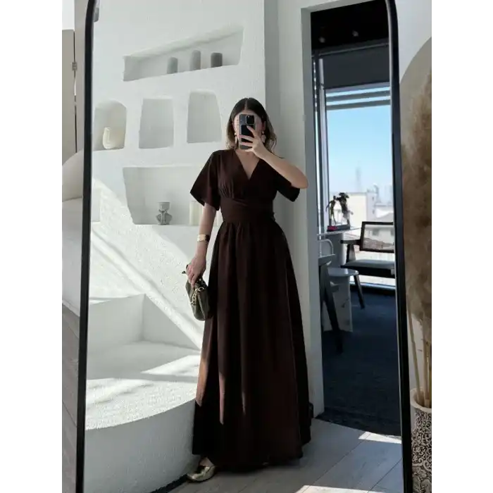 Kısa Kollu Uzun Elbise - Kahve