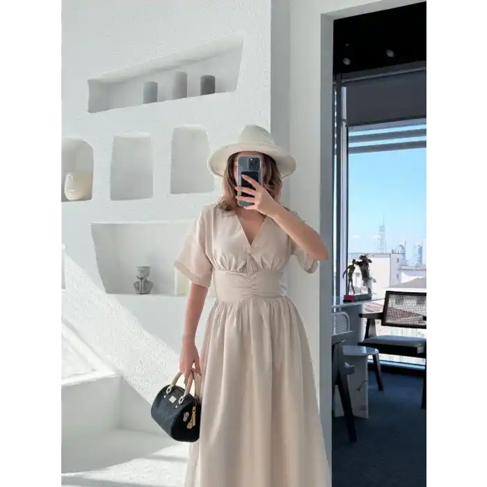 Kısa Kollu Uzun Elbise - Kırık Beyaz