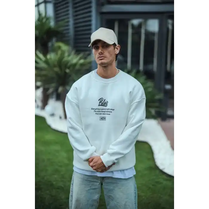 Kışlık Bisiklet Yaka Ön Ve Arka Baskılı SweatShirt - Beyaz