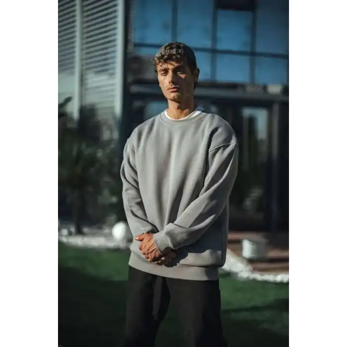 Kışlık Bisiklet Yaka Üç İplik Basic SweatShirt - Boyalı Gri