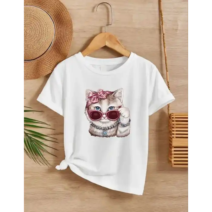 Kız Çocuk Bisiklet Yaka Baskılı T-Shirt - Beyaz