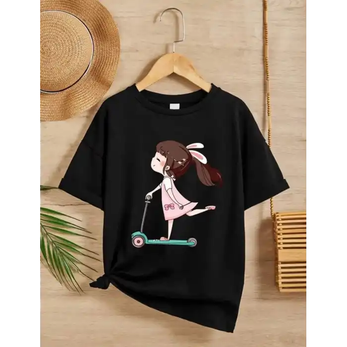 Kız Çocuk Bisiklet Yaka Baskılı T-Shirt - Siyah