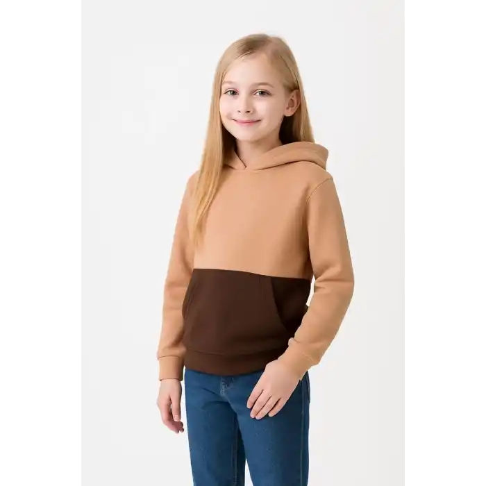 Kız Çocuk Kapüşonlu Kanguru Çepli Parçalı SweatShirt - Renkli