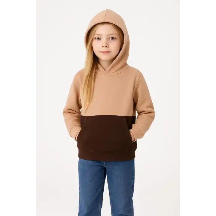 Kız Çocuk Kapüşonlu Kanguru Çepli Parçalı SweatShirt - Renkli