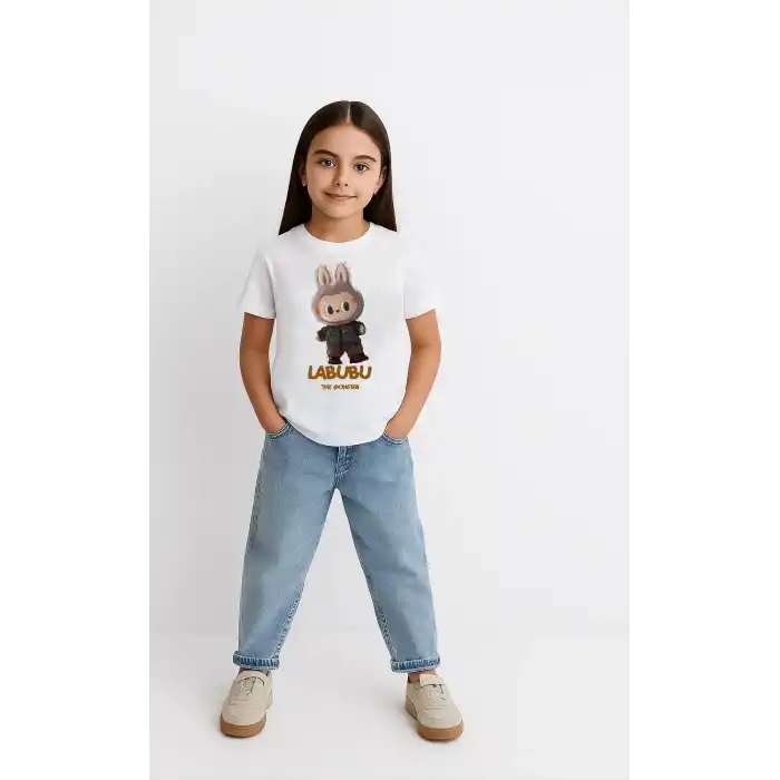 Kız Labubu Çocuk Baskılı T-Shirt - Beyaz