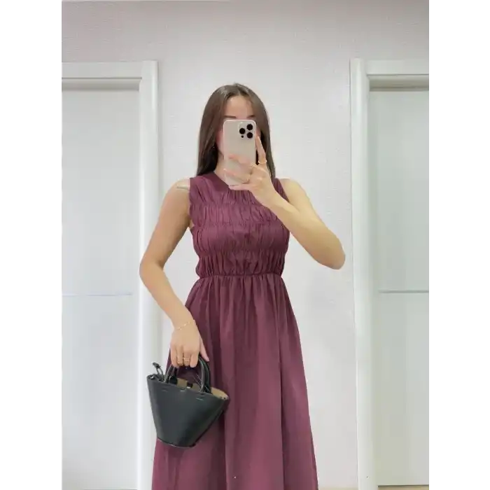 Kolsuz Göğüs Lastıklı %100 Poplin Uzun Elbise - Bordo