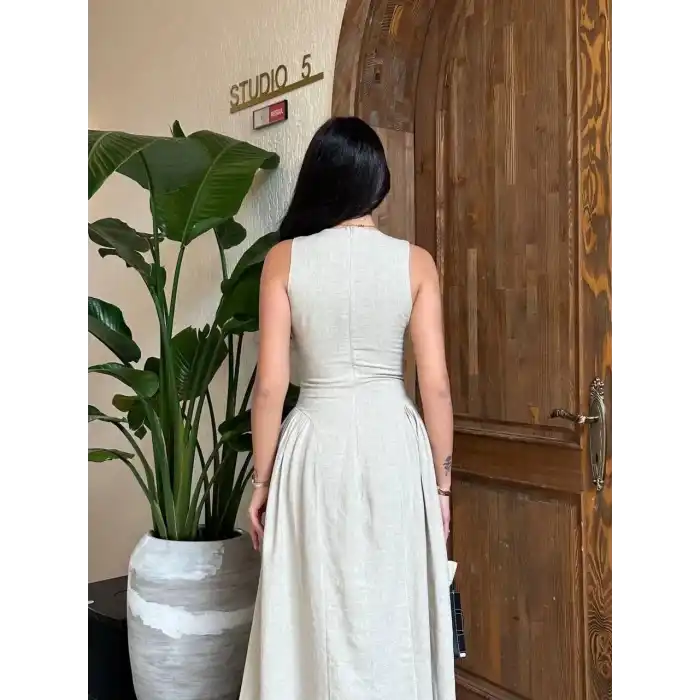 Kolsuz Uzun Kabardin Elbise - Gri