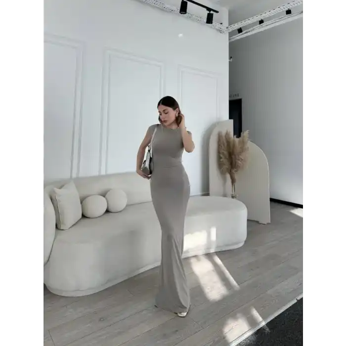 Kolsuz Uzun Likralı Elbise - Gri