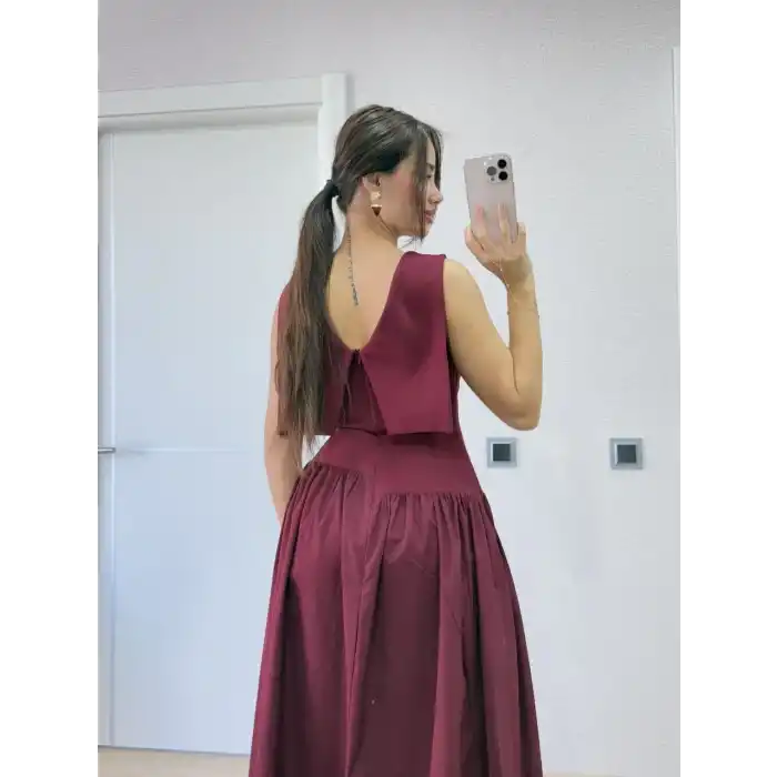 Krep Arkası Kanat Arka Ön Pens Detaylı Uzun Kadın Elbise - Bordo