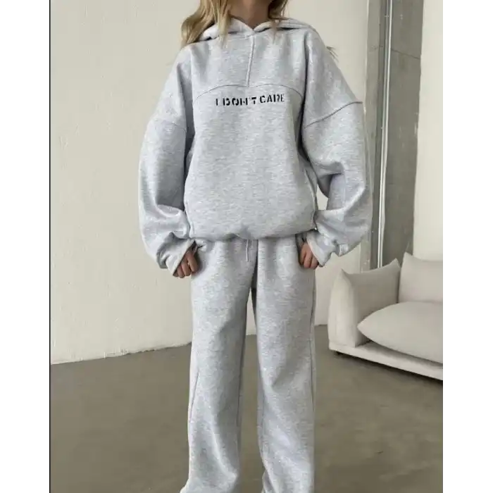 Nakış İşlemeli Üç İplik Sweat Takım- Gri