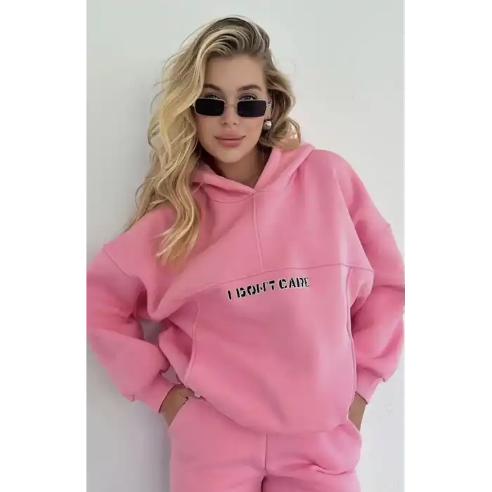 Nakış İşlemeli Üç İplik Sweat Takım- Pembe