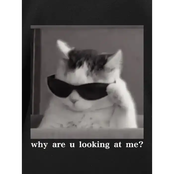 Neden Bana Bakıyorsun? Komik Kedi Grafik Tişört - Dijital Baskılı Siyah Bol Kesim Streetwear Tişört, Erkekler için Dört Mevsim Günlük Gömlek - Siyah