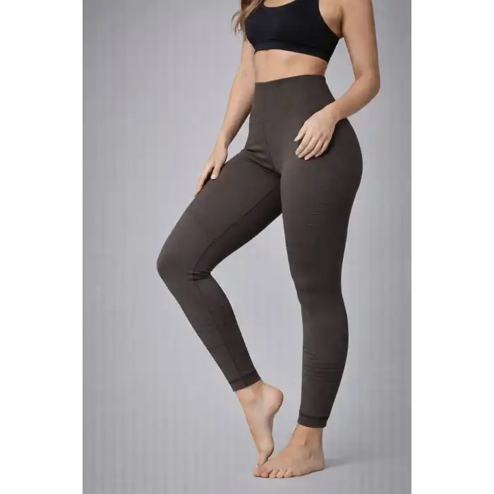 Nonofit Kadın Yüksek Bel Full Extra Toparlayıcı Likralı Ön Arka ve Bilek Desenli Tayt - Kahverengi