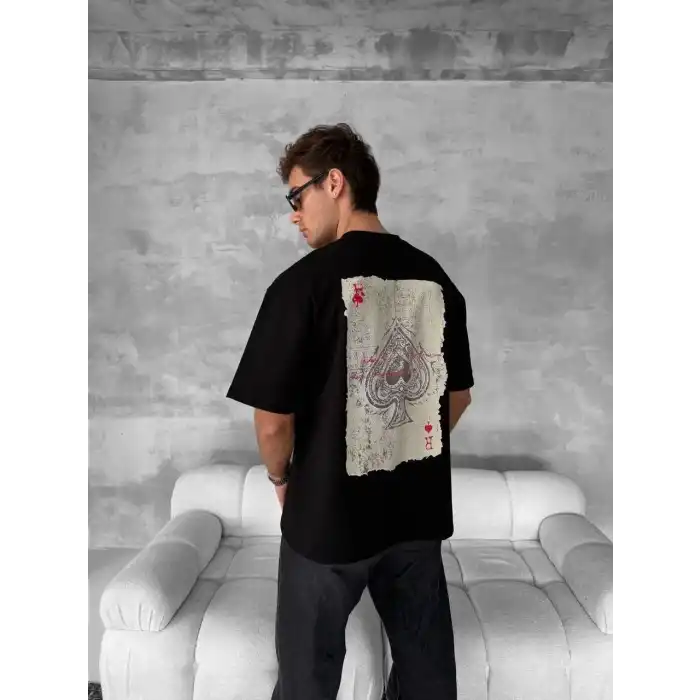 Ön ve Arka Baskılı Oversize Bisiklet Yaka T-shirt - Siyah