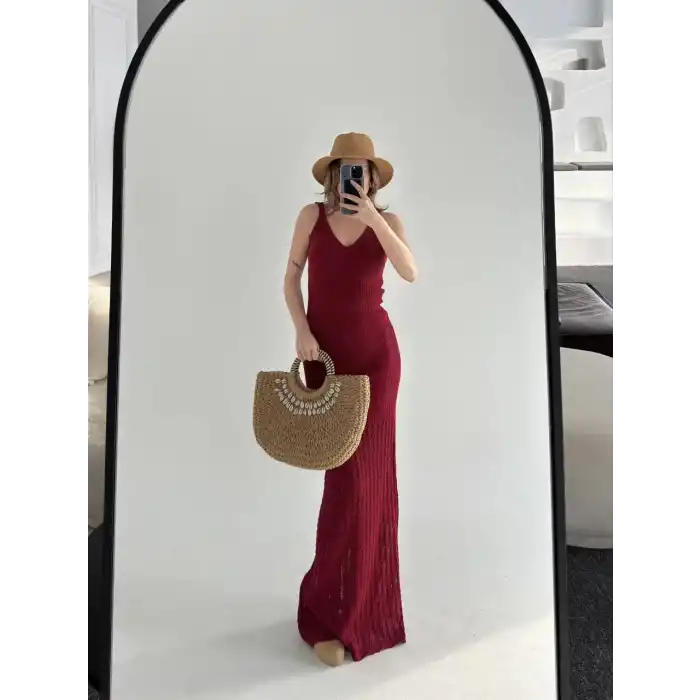 Örgülü Uzun Triko Elbise - Bordo