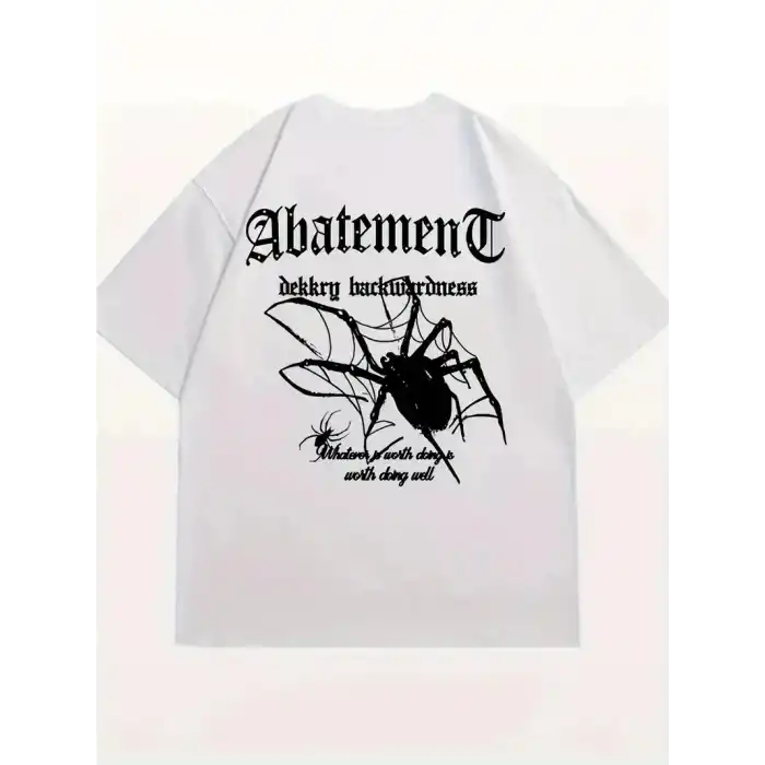 Örümcek Ağı Desenli Baskılı Oversize Bisiklet Yaka T-shirt  - Beyaz