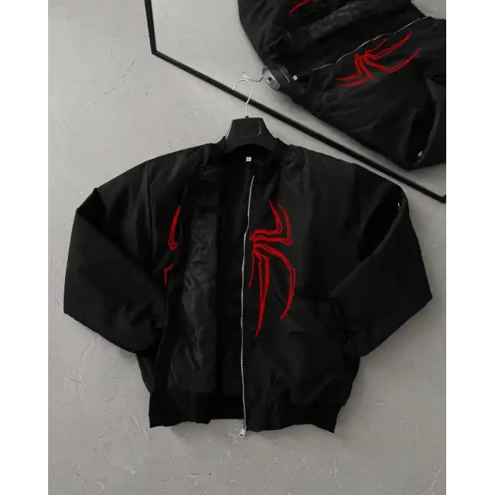 Örümcek Desenli Siyah Bomber Mont – Unisex Kullanıma Uygun, Fermuarlı Cepli, Kapitone Astarlı, Bahar Kış Günlük Giyim İçin Moda Ceket Modeli - Siyah