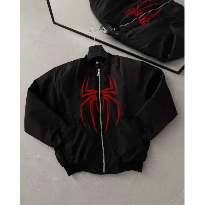 Örümcek Desenli Siyah Bomber Mont – Unisex Kullanıma Uygun, Fermuarlı Cepli, Kapitone Astarlı, Bahar Kış Günlük Giyim İçin Moda Ceket Modeli - Siyah