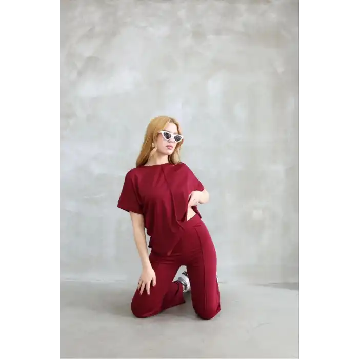 Osy Modal Yumuşak dokulu Kumaş Bisiklet Yaka Kısa Kollu Takım - Bordo