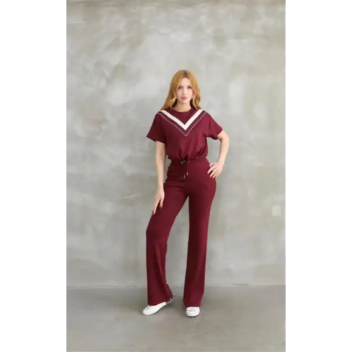 Osy Modal Yumuşak dokulu Kumaş Bisiklet Yaka Parçalı detaylı Kısa Kollu Takım - Bordo