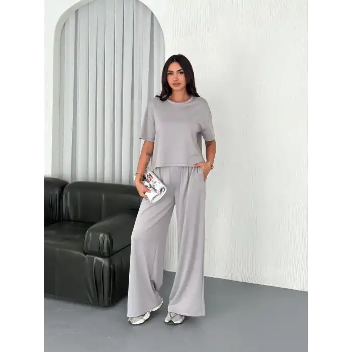 Osy Modal Yumuşak Dokulu Kumaş Bisiklet Yaka T-shirt Bol paça Pantalon ikili Takım - Boyalı Gri