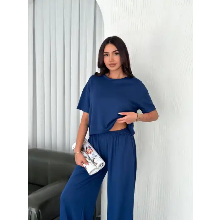 Osy Modal Yumuşak Dokulu Kumaş Bisiklet Yaka T-shirt Bol paça Pantalon ikili Takım -Saks Mavi