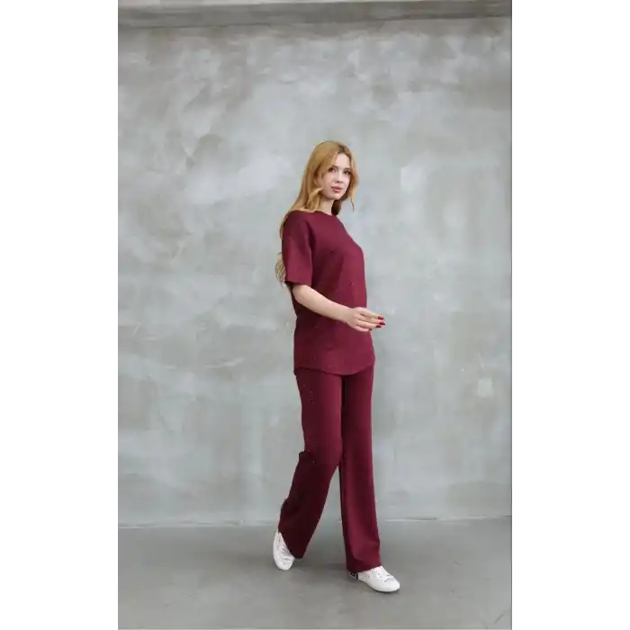 Osy Modal Yumuşak dokulu Kumaş Bisiklet Yaka Taş detaylı Kısa Kollu Takım - Bordo