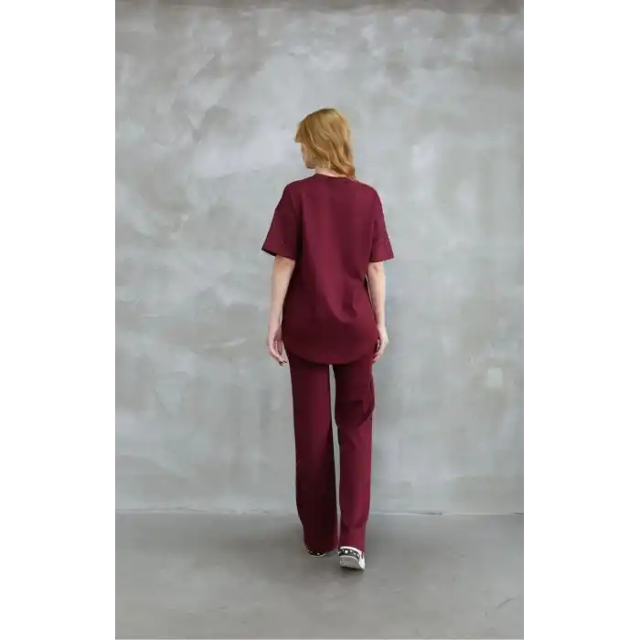 Osy Modal Yumuşak dokulu Kumaş Bisiklet Yaka Taş detaylı Kısa Kollu Takım - Bordo