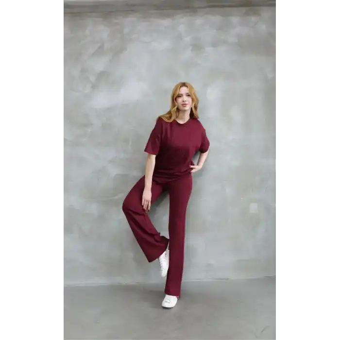 Osy Modal Yumuşak dokulu Kumaş Bisiklet Yaka Taş detaylı Kısa Kollu Takım - Bordo