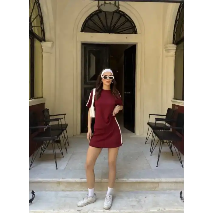 Osy Modal yumuşak dokulu Kumaş Kadın Parçalı Bisiklet Yaka T-shirt Mini Şortlu Etek İkili Takım -Bordo