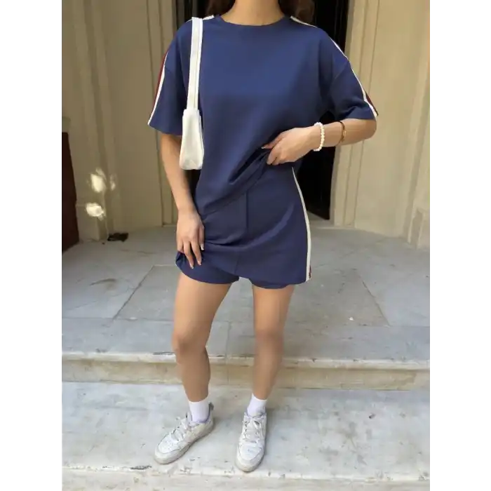 Osy Modal yumuşak dokulu Kumaş Kadın Parçalı Bisiklet Yaka T-shirt Mini Şortlu Etek İkili Takım -Lacivert