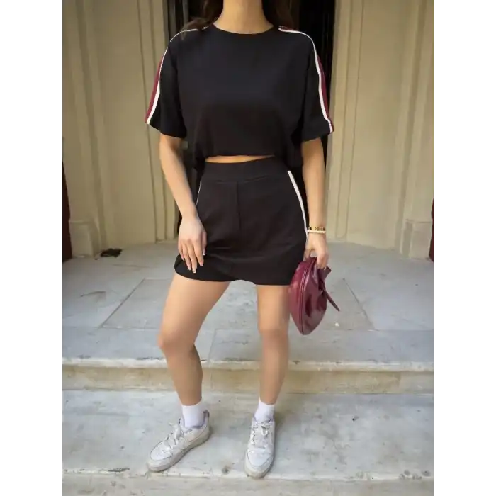 Osy Modal yumuşak dokulu Kumaş Kadın Parçalı Bisiklet Yaka T-shirt Mini Şortlu Etek İkili Takım - Siyah