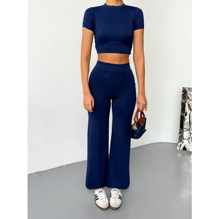 Osy Modal Yumuşak Dokulu Kumaş Kısa Kollu Crop Alt ispanyol Paça Pantalon ikili Takım - Lacivert