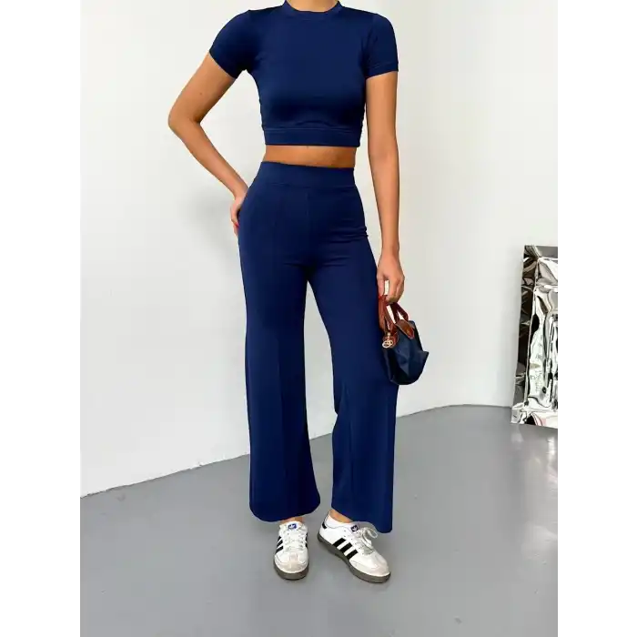 Osy Modal Yumuşak Dokulu Kumaş Kısa Kollu Crop Alt ispanyol Paça Pantalon ikili Takım - Lacivert